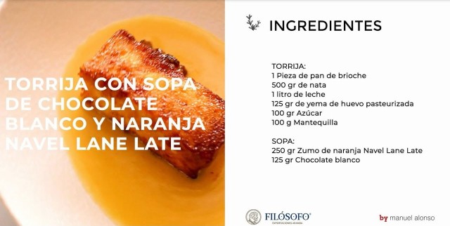Receta de torrija con sopaa de chocolate blanco y naranja